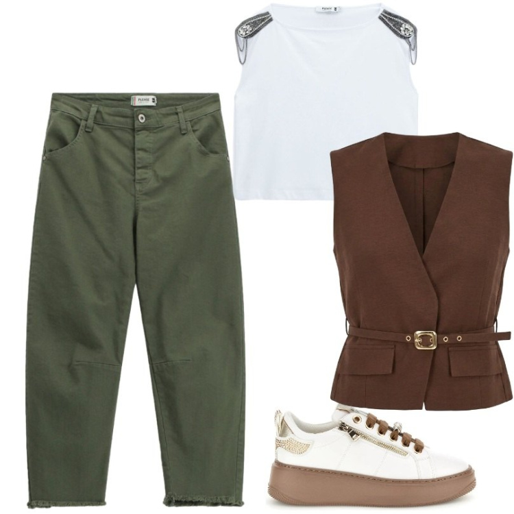 Outfit donna - Total look #2461293. Stile Casual per Tutti i giorni. Abbinamento con gilet, pantaloni, top, sneakers.