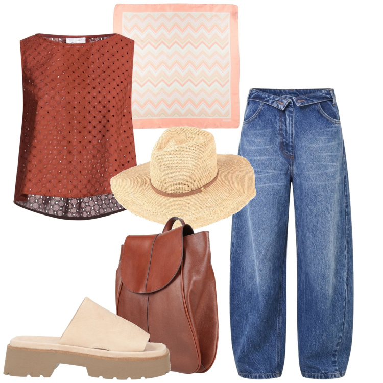Outfit donna - Ancora un weekend. Stile Casual per Tutti i giorni. Abbinamento con top, zaini, sandali in pelle, sciarpe, cappelli, jeans mom.