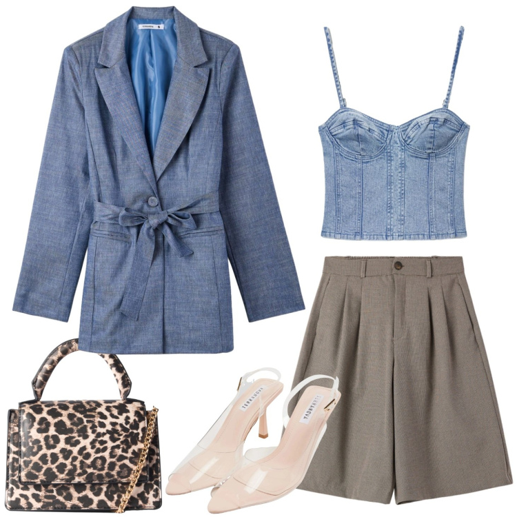 Outfit donna - Denim. Stile Urban per Tutti i giorni. Abbinamento con blazer, bermuda, sandali col tacco, borse a tracolla, top.