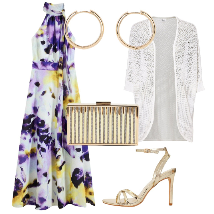 Outfit donna - anniversario sul mare. Stile Chic per Serata fuori. Abbinamento con cardigans, vestiti lunghi, orecchini, sandali col tacco, clutch.