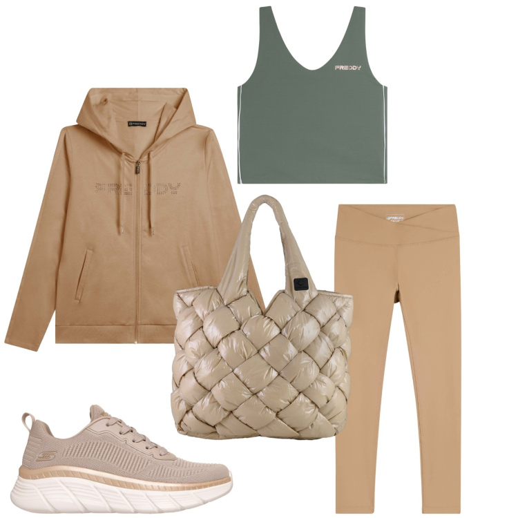Outfit donna - Palestra. Stile Casual per Sport. Abbinamento con felpe con cappuccio, leggings, top sportivi, borse tote, sneakers.