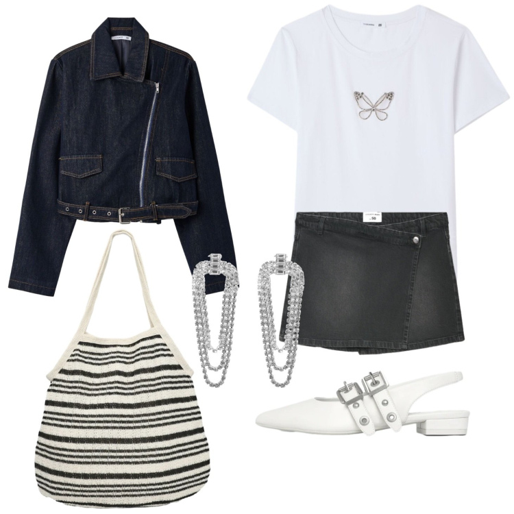 Outfit donna - Eleganza in denim. Stile Rock per Tutti i giorni. Abbinamento con ballerine, gonne, cappotti, shopping bag, t-shirt, orecchini.