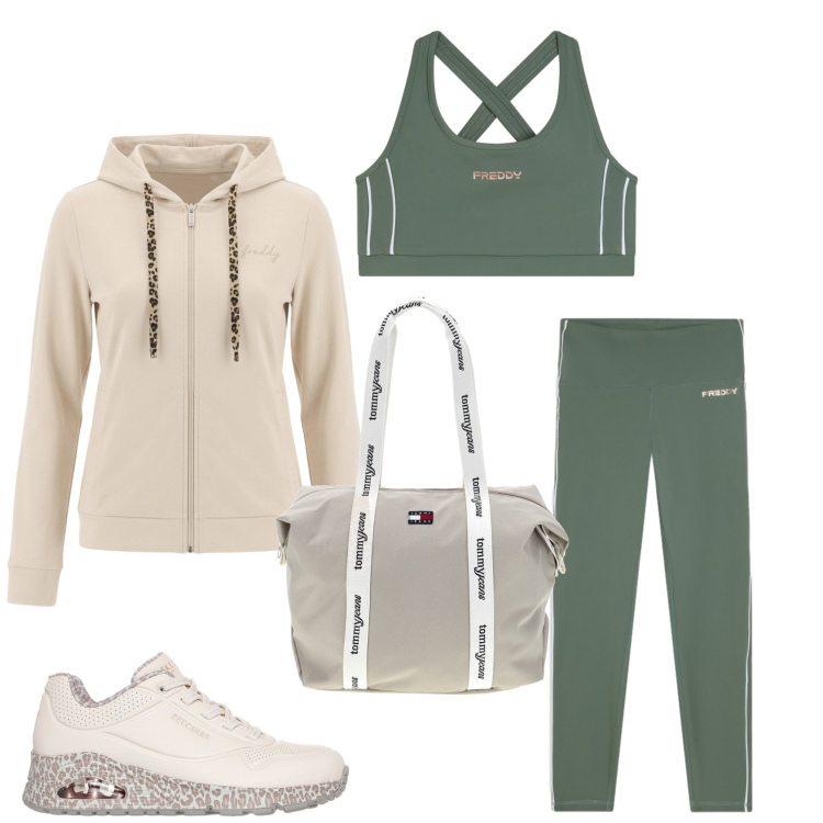 Outfit donna - Total look #2461312. Stile Casual per Sport. Abbinamento con felpe con cappuccio, top, leggings, sneakers, shopping bag.