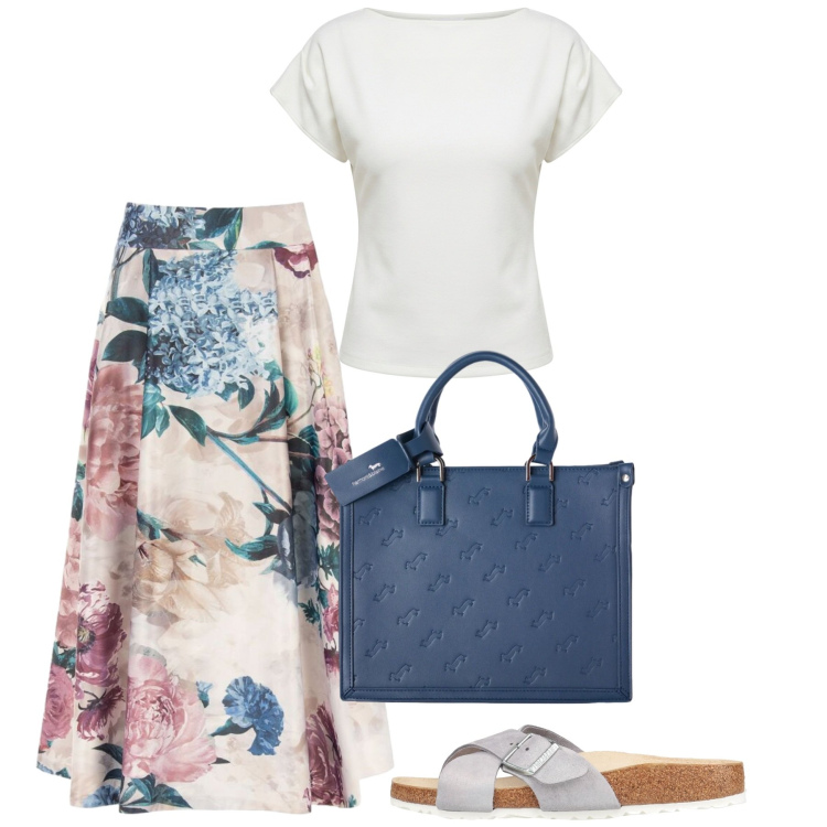 Outfit donna - Agosto. Stile Bon Ton per Tutti i giorni. Abbinamento con sandali in pelle, borse a mano, gonne longuette, t-shirt.