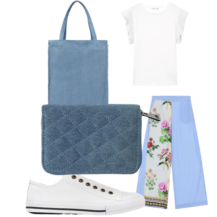 Outfit donna - Si riprende all\'universita\'. Stile Basic per Scuola/Università. Abbinamento con sneakers, portafogli, borse tote, t-shirt, pantaloni a palazzo.