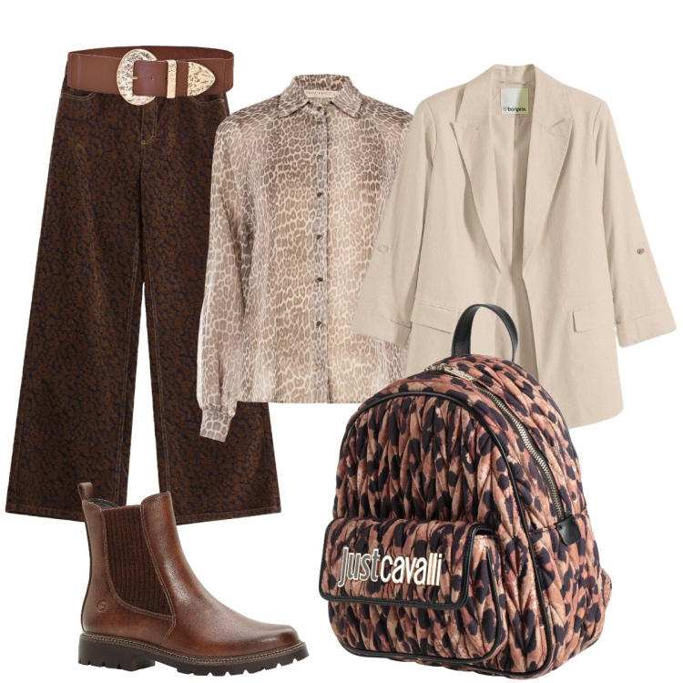 Outfit donna - Sofisticata semplicità quotidiana. Stile Glamour per Tutti i giorni. Abbinamento con zaini, blazer, stivaletti, cinture, camicie, pantaloni a palazzo.