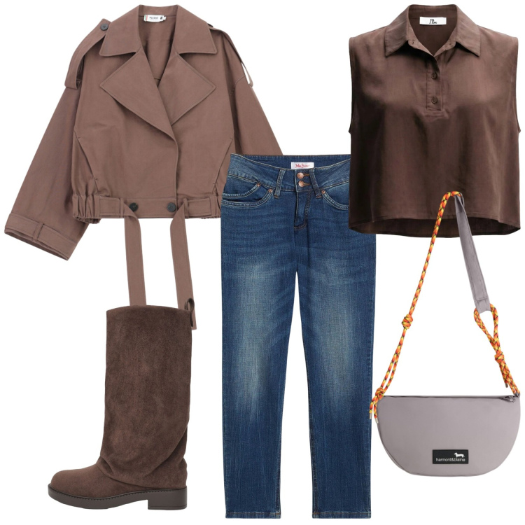 Outfit donna - Odore d\'autunno. Stile Trendy per Tutti i giorni. Abbinamento con jeans mom, borse a tracolla, stivali, top, cappotti.