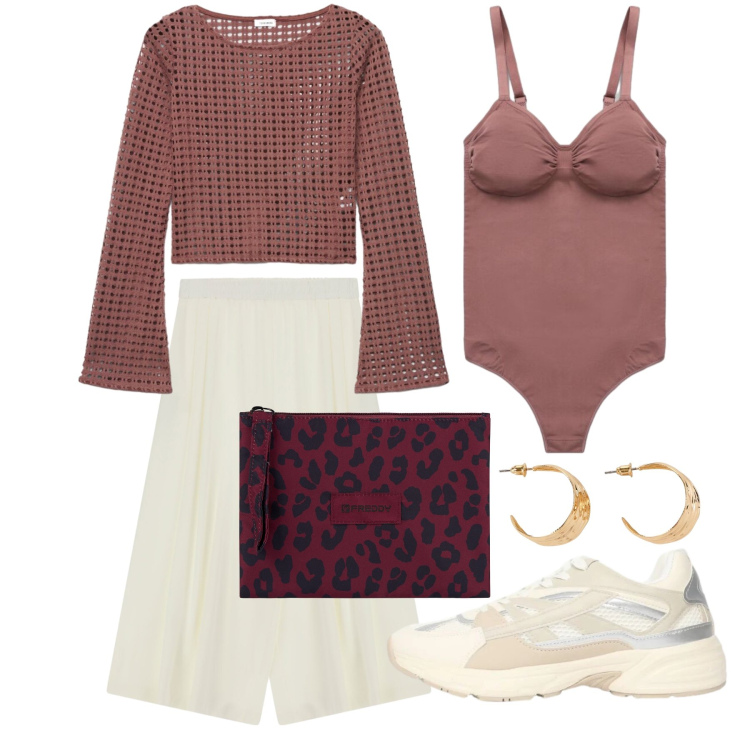 Outfit donna - Settembre. Stile Sporty chic per Tutti i giorni. Abbinamento con orecchini, maglieria, sneakers, body, pantaloni a palazzo, clutch.