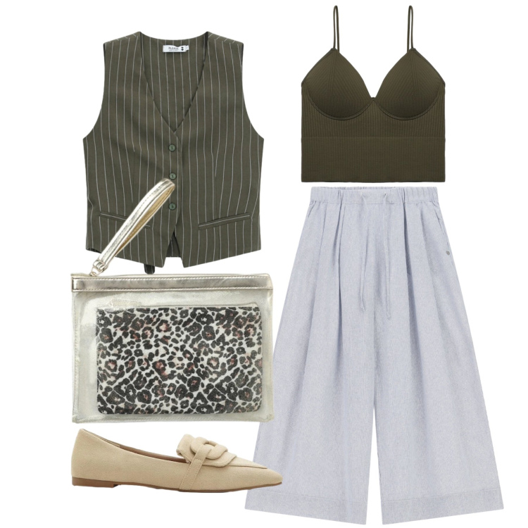 Outfit donna - Settembre. Stile Casual chic per Tutti i giorni. Abbinamento con mocassini, top, pochette, pantaloni a palazzo, gilet.
