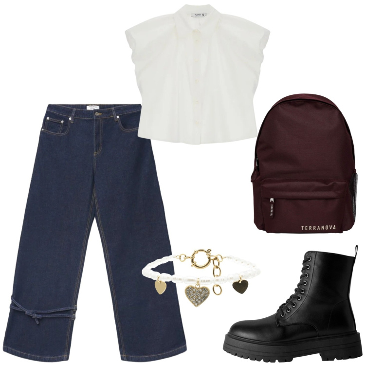 Outfit donna - Ritorno a scuola. Stile Casual per Scuola/Università. Abbinamento con anfibi, zaini, jeans dritti, camicie a manica corta, braccialetti.