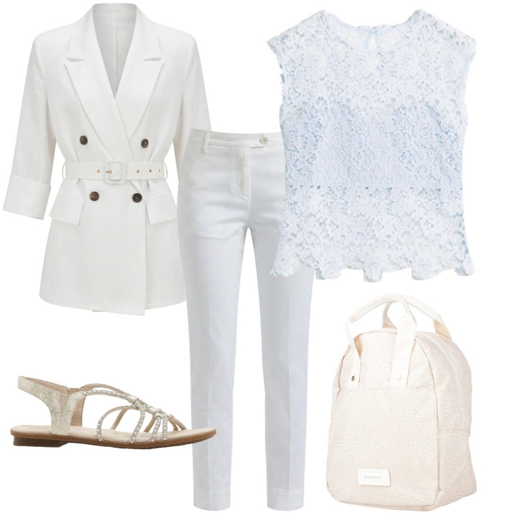 Outfit donna - Total white in ufficio. Stile Trendy Abbinamento con zaini, sandali, canottiere, pantaloni, blazer.