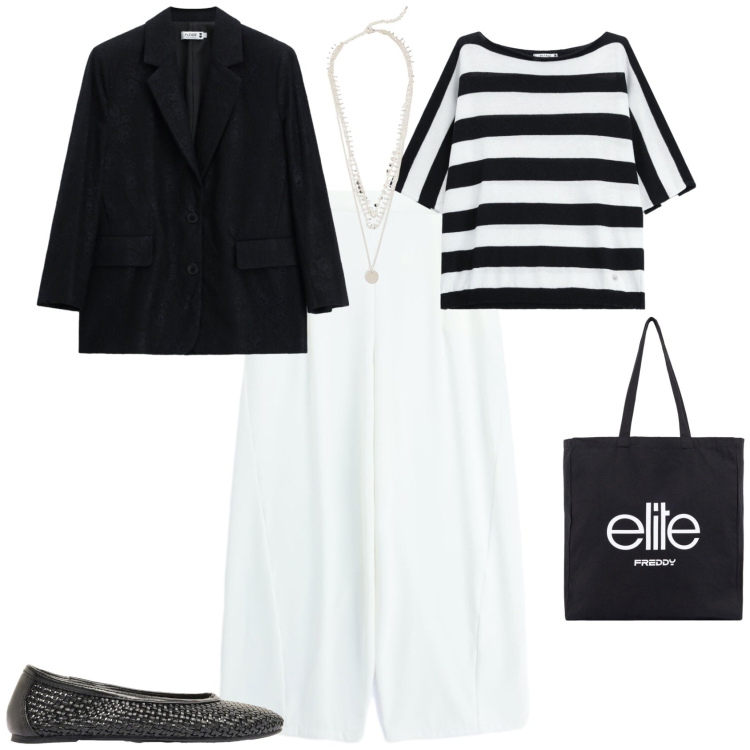 Outfit donna - Casual chic ufficio tempo libero. Stile Casual chic per Tutti i giorni. Abbinamento con ballerine, collane, pantaloni a palazzo, top, blazer, shopping bag.