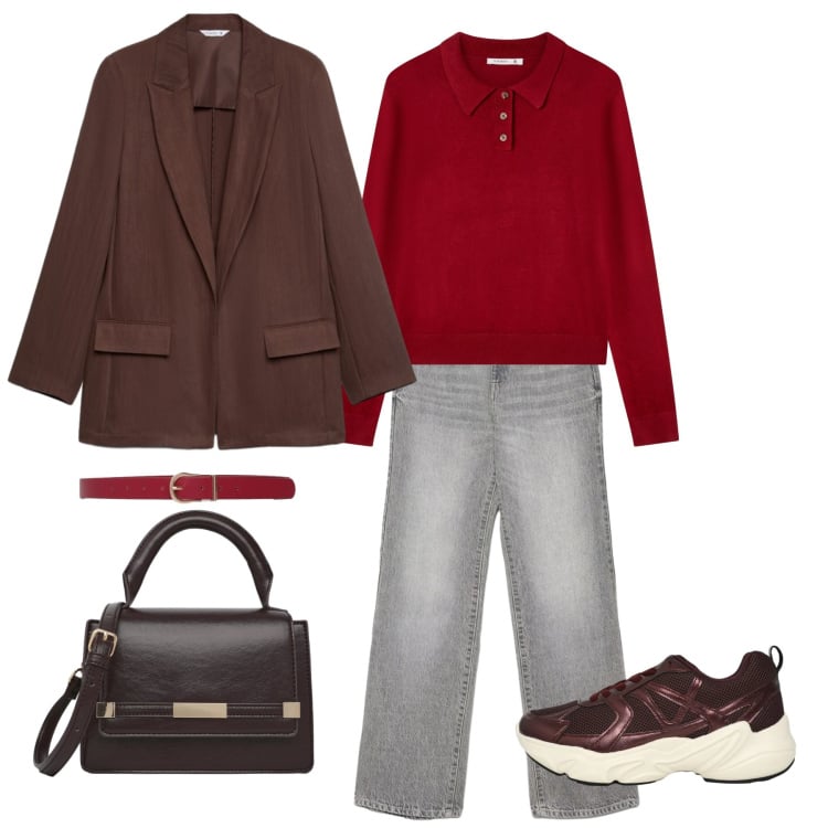 Outfit donna - Settembre. Stile Casual chic per Ufficio. Abbinamento con polo, sneakers, jeans dritti, blazer, borse a tracolla, cinture.