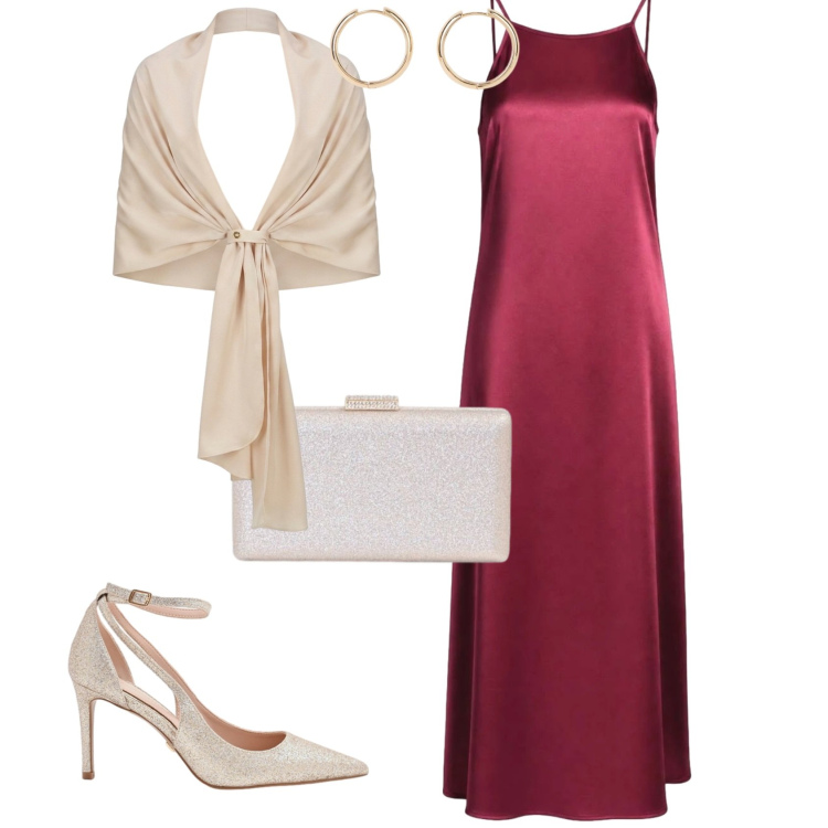 Outfit donna - Chic cerimonia serata evento. Stile Chic per Serata fuori. Abbinamento con orecchini, vestiti lunghi, décolleté, clutch, stole.