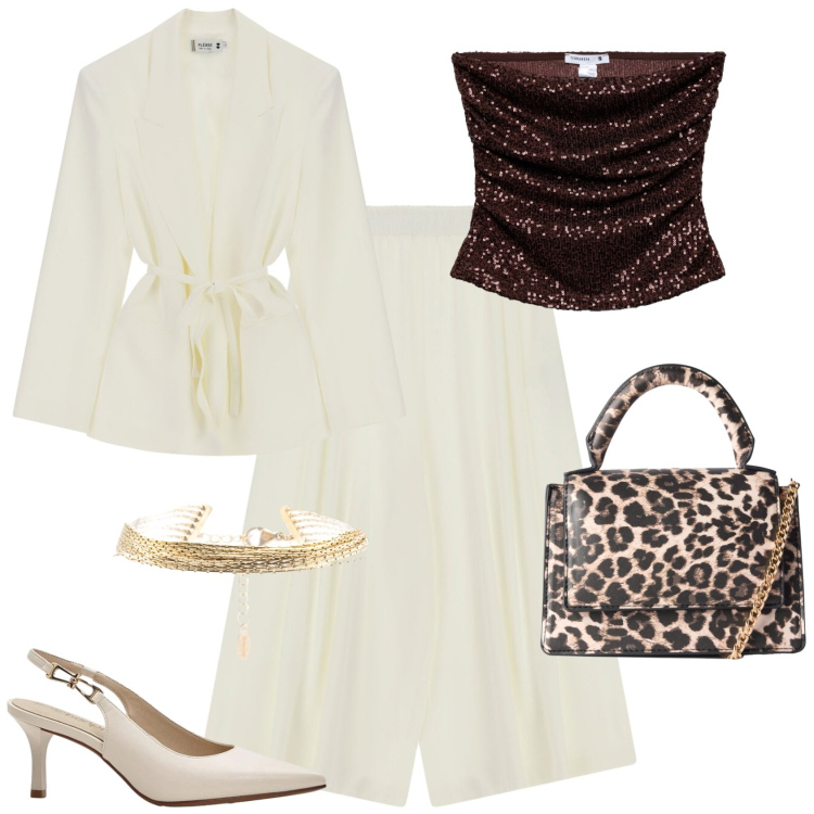 Outfit donna - Chic cerimonia serata evento. Stile Chic per Serata fuori. Abbinamento con décolleté, top, borse a tracolla, pantaloni a palazzo, blazer, braccialetti.