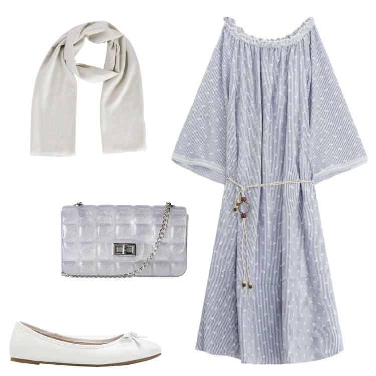 Outfit donna - Casual chic ogni giorno. Stile Casual chic per Tutti i giorni. Abbinamento con ballerine, borse a tracolla, foulard, vestiti asimmetrici.