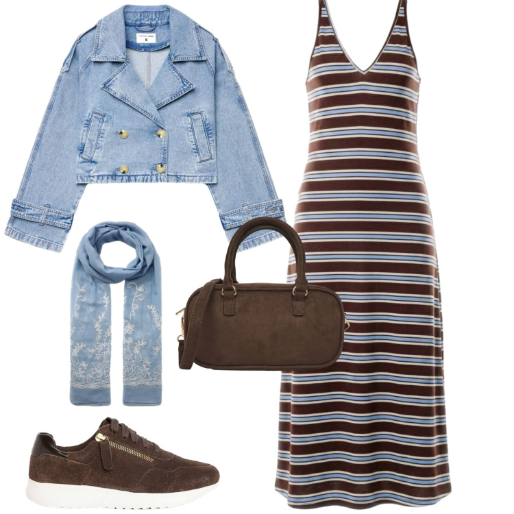 Outfit donna - Casual chic serata estiva. Stile Casual chic per Serata fuori. Abbinamento con sneakers, caban, borse a tracolla, sciarpe, vestiti lunghi.