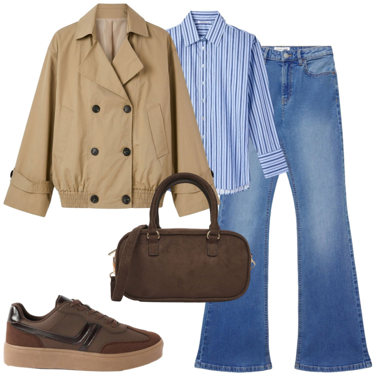 Outfit donna - Settembre. Stile Casual chic per Tutti i giorni. Abbinamento con sneakers, trench, borse a tracolla, jeans a zampa, camicie.