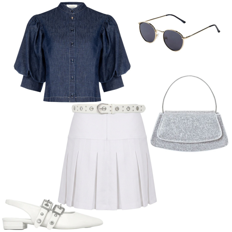 Outfit donna - Preppy fine estate. Stile Preppy per Tutti i giorni. Abbinamento con occhiali da sole, ballerine, cinture, camicie a manica corta, minigonne, borse a spalla.