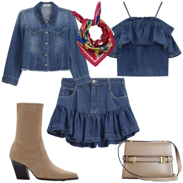 Outfit donna - Boho in denim serata. Stile Boho per Serata fuori. Abbinamento con borse a tracolla, stivaletti, foulard, blazer, minigonne, top.