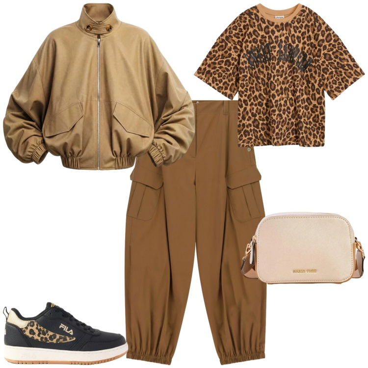 Outfit donna - Casual chic ogni giorno. Stile Casual chic per Tutti i giorni. Abbinamento con t-shirt, borse a tracolla, sneakers, bomber, pantaloni cargo.