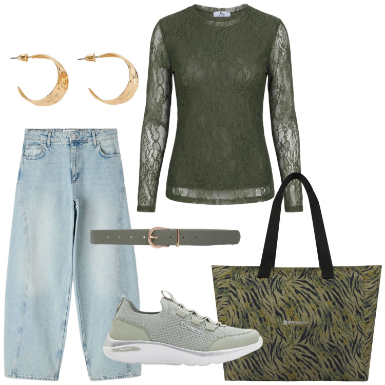 Outfit donna - Total look #2461412. Stile Casual per Tutti i giorni. Abbinamento con orecchini, sneakers, jeans, cinture, top, shopping bag.