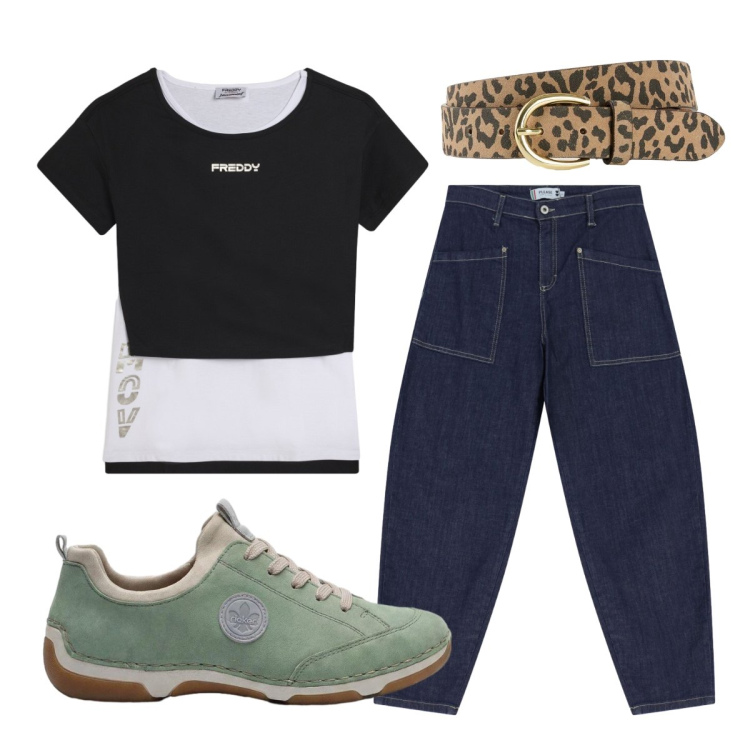 Outfit donna - Sneakers mania. Stile Urban per Ufficio. Abbinamento con sneakers, cinture, jeans, t-shirt.