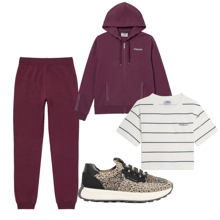 Outfit donna - Total look #2461416. Stile Sporty chic per Sport. Abbinamento con sneakers, t-shirt, pantaloni, felpe con cappuccio.