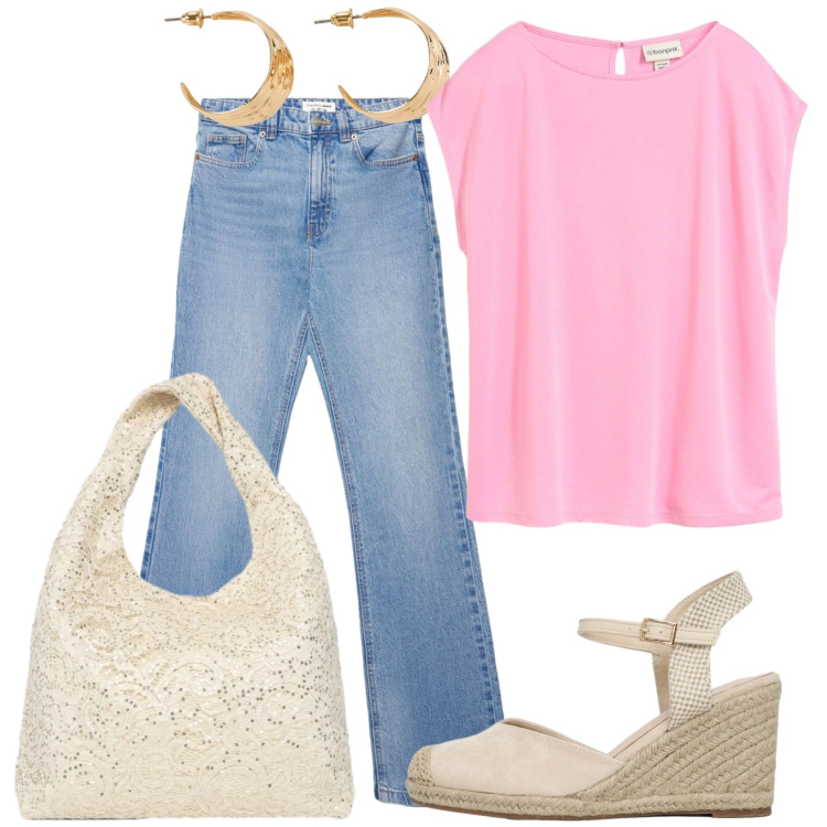 Outfit donna - Total look #2461434. Stile Casual chic per Tutti i giorni. Abbinamento con orecchini, t-shirt, borse a spalla, zeppe, jeans bootcut.