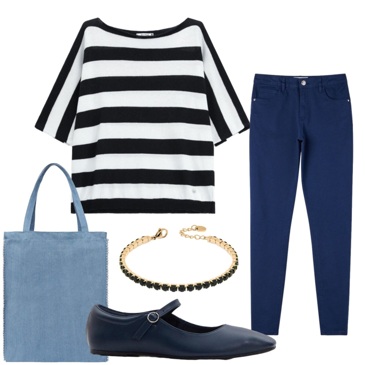 Outfit donna - Total look #2461435. Stile Casual chic per Tutti i giorni. Abbinamento con ballerine, pantaloni skinny, borse tote, top, braccialetti.