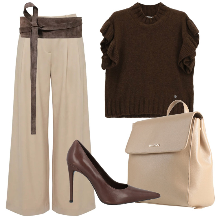 Outfit donna - Al via il cambio di sragione. Stile Minimal per Ufficio. Abbinamento con décolleté, zaini, pantaloni, cinture, maglieria.