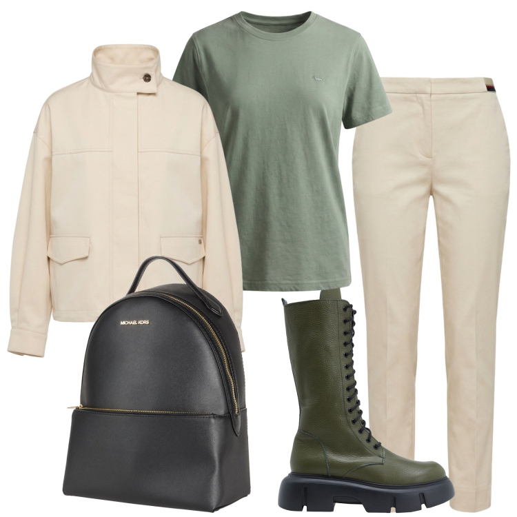 Outfit donna - Essenziale in montagna. Stile Casual per Tutti i giorni. Abbinamento con stivali, zaini, pantaloni chino, t-shirt, bomber.