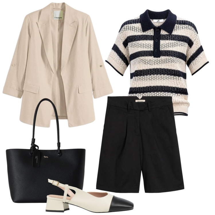 Outfit donna - Settembre look versatile. Stile Casual chic per Tutti i giorni. Abbinamento con décolleté, bermuda, blazer, shopping bag, polo.