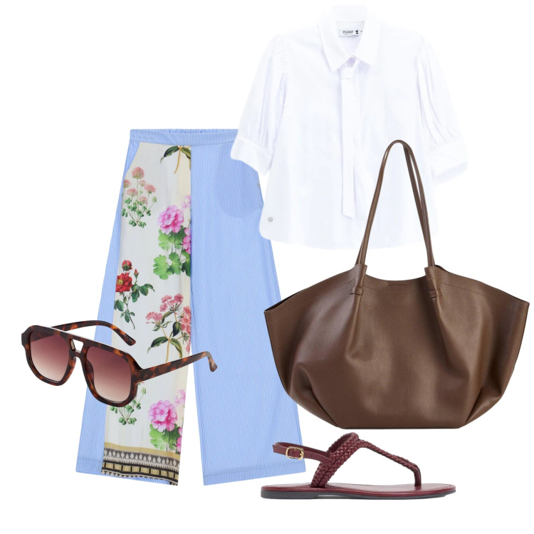 Outfit donna - Agosto. Stile Casual per Tutti i giorni. Abbinamento con occhiali da sole, shopping bag, ciabatte, pantaloni a palazzo, camicie.