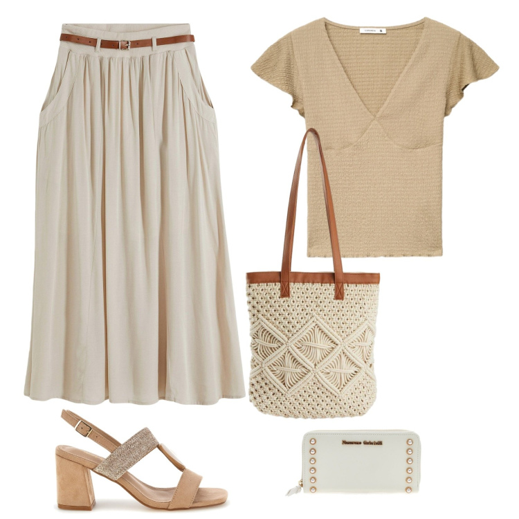 Outfit donna - Colori neutri per fine agosto. Stile Bon Ton per Tutti i giorni. Abbinamento con gonne lunghe, shopping bag, t-shirt, sandali col tacco, portafogli.