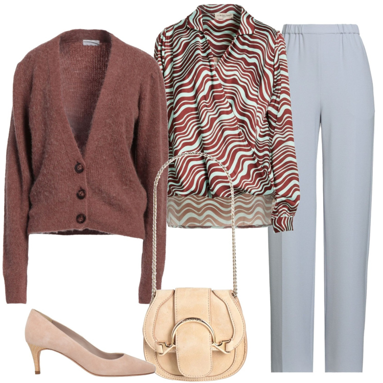Outfit donna - Al mattino fa freschino. Stile Casual chic per Ufficio. Abbinamento con pantaloni, top, cardigans, marsupi, décolleté.