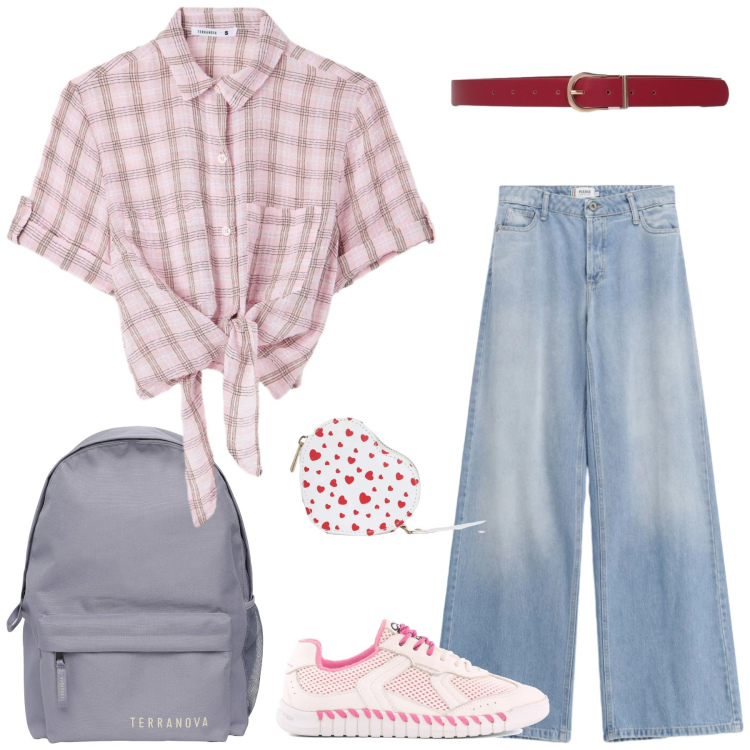 Outfit donna - Total look #2461475. Stile Romantica per Scuola/Università. Abbinamento con camicie a manica corta, portafogli, zaini, cinture, jeans, sneakers.