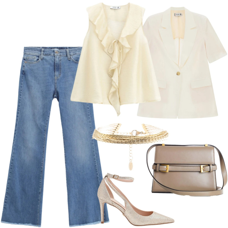 Outfit donna - Da mattina a sera. Stile Casual chic per Ufficio. Abbinamento con borse a tracolla, décolleté, jeans, top, blazer, braccialetti.