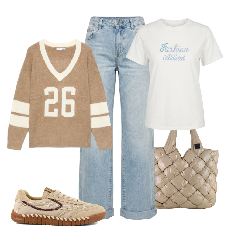 Outfit donna - College style. Stile Casual per Scuola/Università. Abbinamento con t-shirt sportive, borse tote, t-shirt, jeans, sneakers.