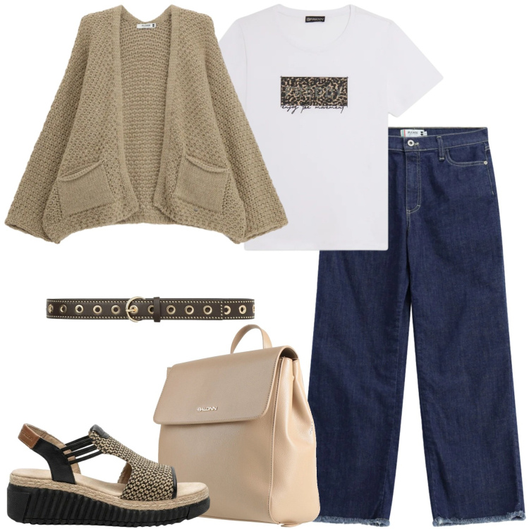 Outfit donna - Il cardigan oversize. Stile Urban per Tutti i giorni. Abbinamento con zaini, sandali, cinture, jeans dritti, cardigans, t-shirt.