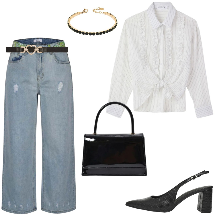 Outfit donna - La camicia romantica. Stile 70s per Tutti i giorni. Abbinamento con décolleté, camicie, cinture, jeans strappati, borse a mano, braccialetti.
