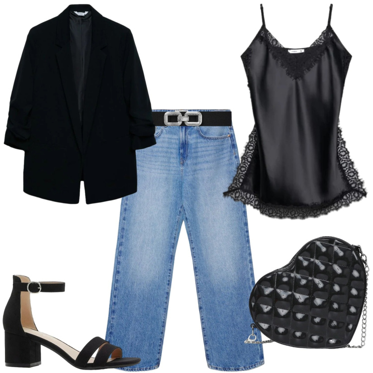 Outfit donna - Il top sexy con pizzo e jeans. Stile Casual per Tutti i giorni. Abbinamento con sandali col tacco, top, cinture, blazer, borse a tracolla, jeans dritti.
