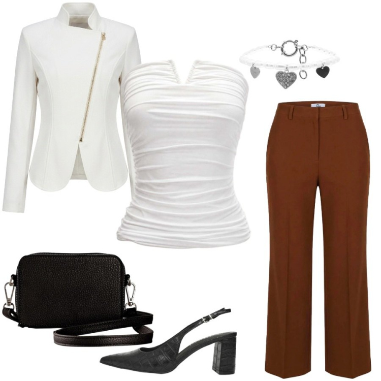Outfit donna - Total look #2461491. Stile Glamour per Serata fuori. Abbinamento con borse a tracolla, décolleté, top, pantaloni a palazzo, blazer, braccialetti.