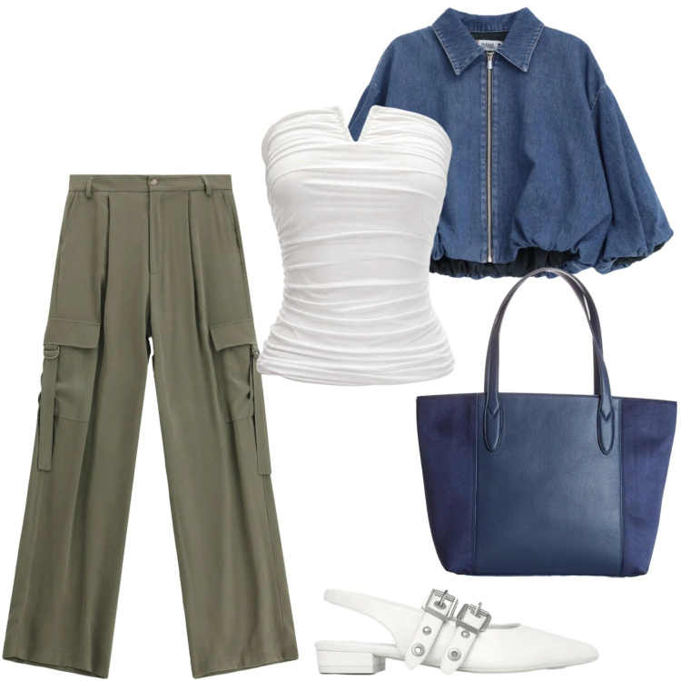Outfit donna - Il bustier per tutte le occasioni. Stile Casual per Tutti i giorni. Abbinamento con shopping bag, ballerine, top, pantaloni cargo, blazer.
