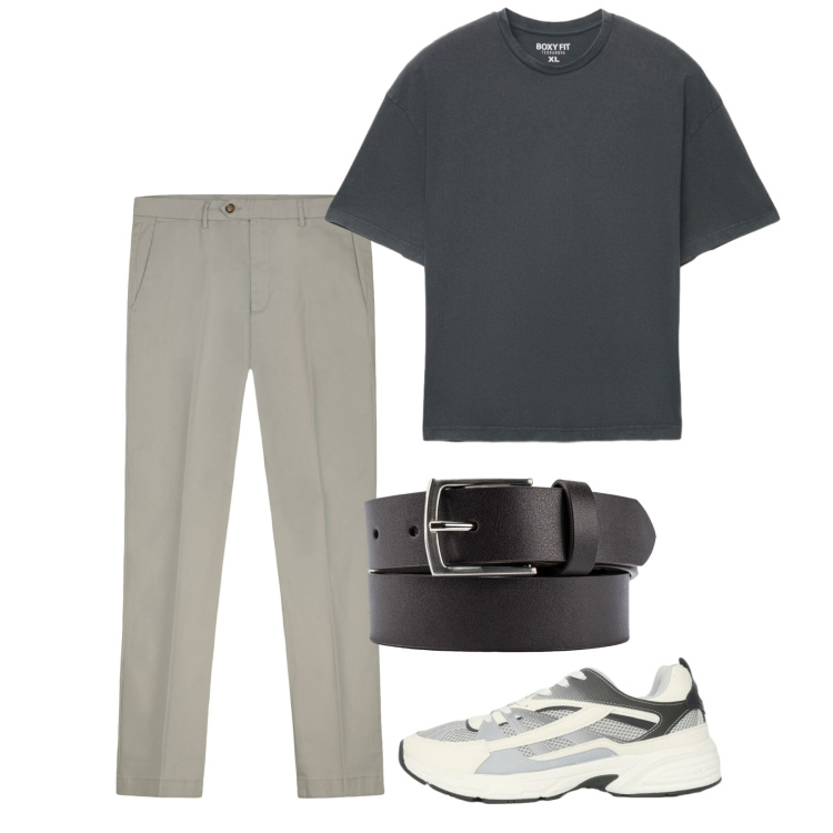 Outfit uomo - Agosto. Stile Casual per Tutti i giorni. Abbinamento con sneakers, t-shirt, pantaloni chino, cinture.