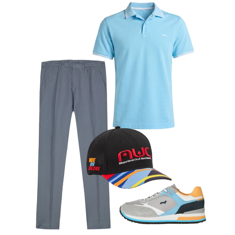 Outfit uomo - Agosto. Stile Casual per Tutti i giorni. Abbinamento con sneakers, polo, cappelli con visiera, pantaloni.