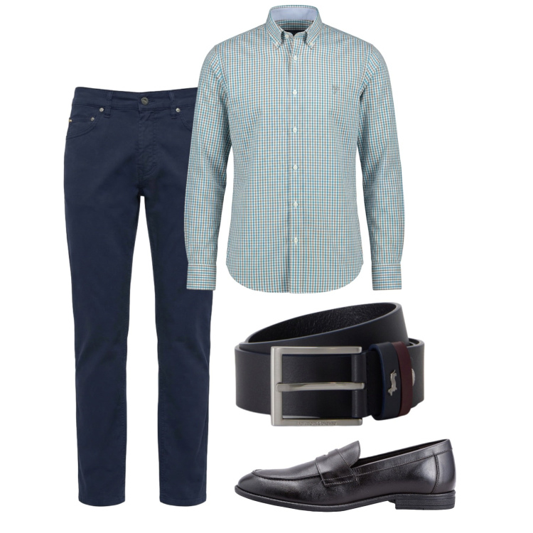 Outfit uomo - Agosto. Stile Casual per Tutti i giorni. Abbinamento con camicie, pantaloni, cinture, scarpe stringate.