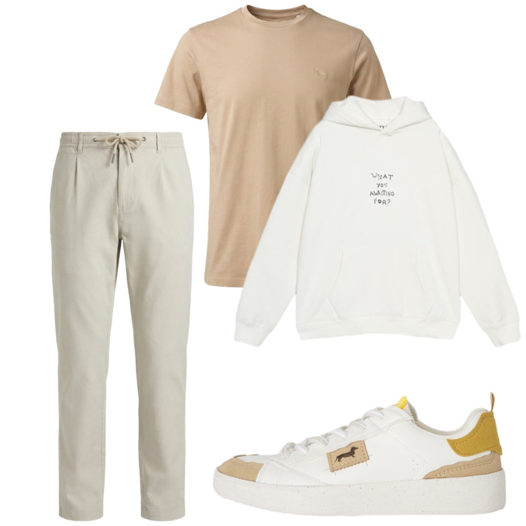 Outfit uomo - Agosto. Stile Casual per Tutti i giorni. Abbinamento con sneakers, t-shirt, pantaloni, felpe con cappuccio.