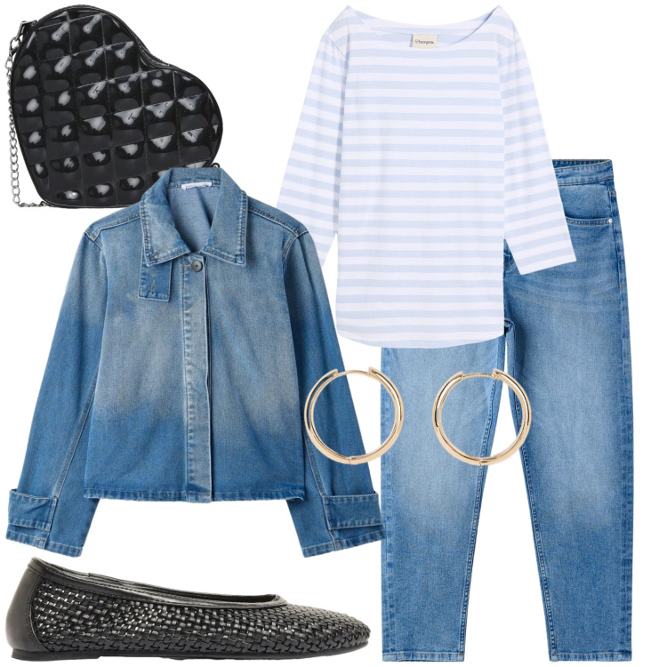Outfit donna - Denim. Stile Casual per Tutti i giorni. Abbinamento con orecchini, maglieria, ballerine, jeans mom, borse a tracolla, cappotti.