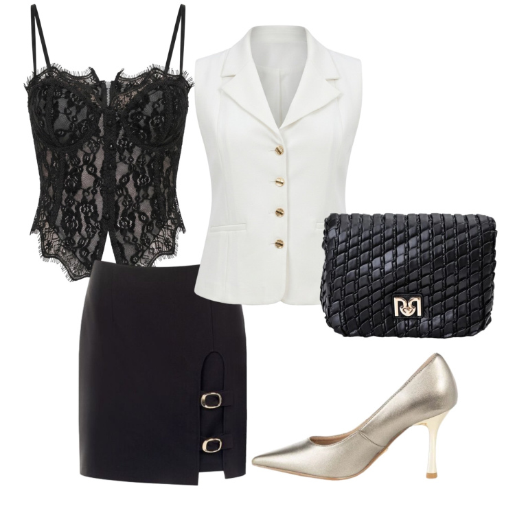Outfit donna - Total look #2461515. Stile Chic per Ufficio. Abbinamento con gilet, top, minigonne, borse a tracolla, décolleté.